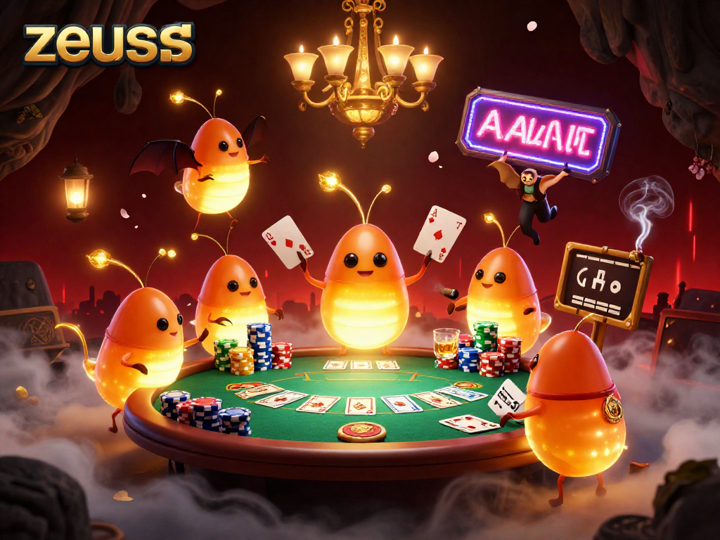 Experience zeus-themed excitement with glowworms lighting up a vibrant cave casino scene.