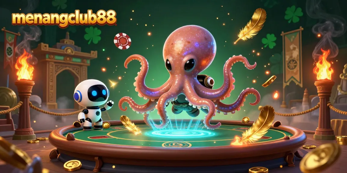 Experience thrilling gameplay at menangclub88 featuring an alien octopus and robot at a spectacular poker table