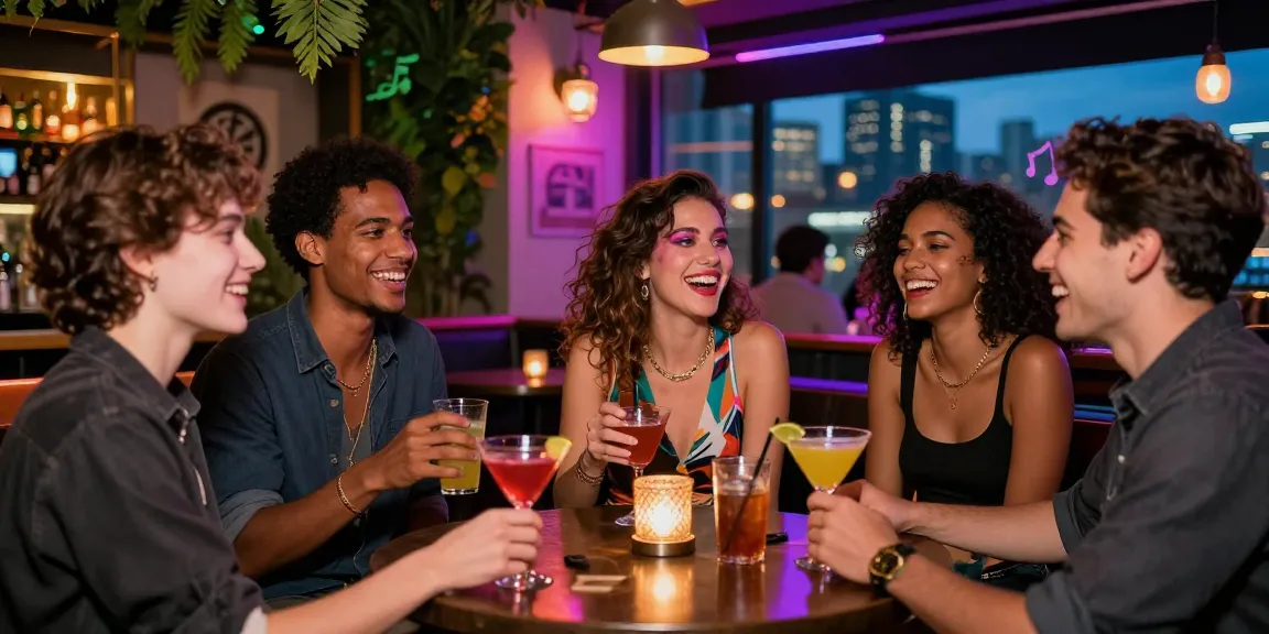 Nhóm gái gọi tận hưởng không khí sôi động tại quán bar với ánh đèn neon.