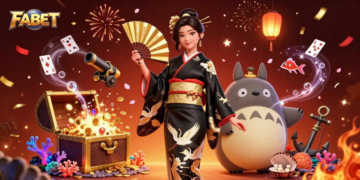 Experience FABET's thrilling casino atmosphere with an elegant Asian woman and whimsical tanuki amidst vibrant gaming elements.