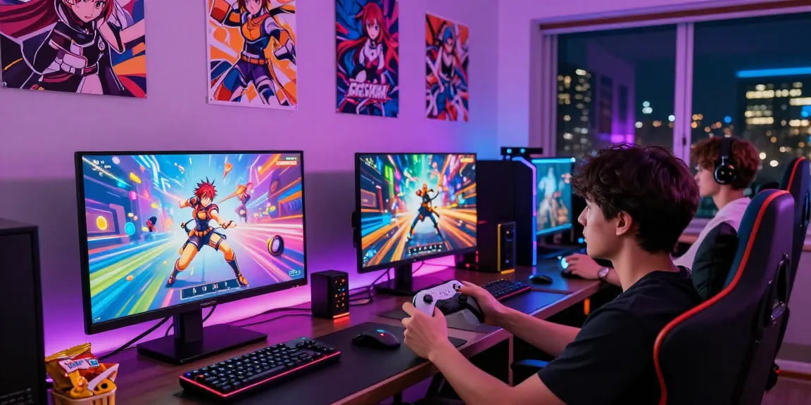 Dynamic scene of a player enjoying ecchi game with colorful graphics and gaming setup.