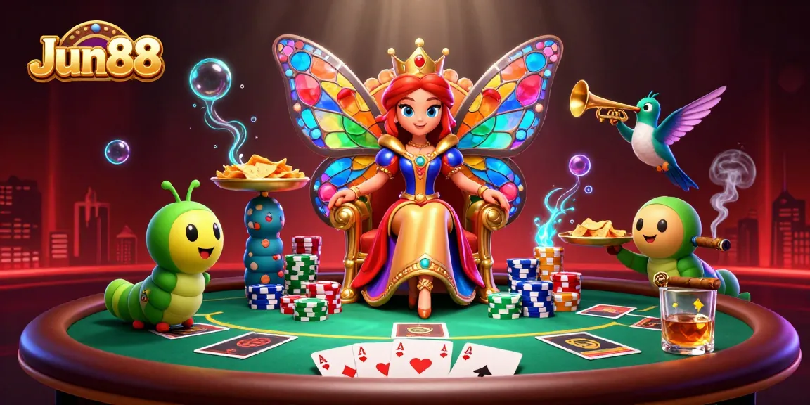 Enjoy thrilling games at Jun88 with a butterfly queen presiding over vibrant poker details.