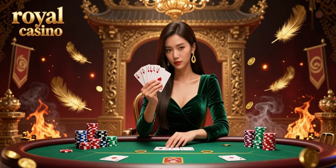 Experience royal casino poker gameplay with a beautiful woman at a luxury table under shimmering lights.
