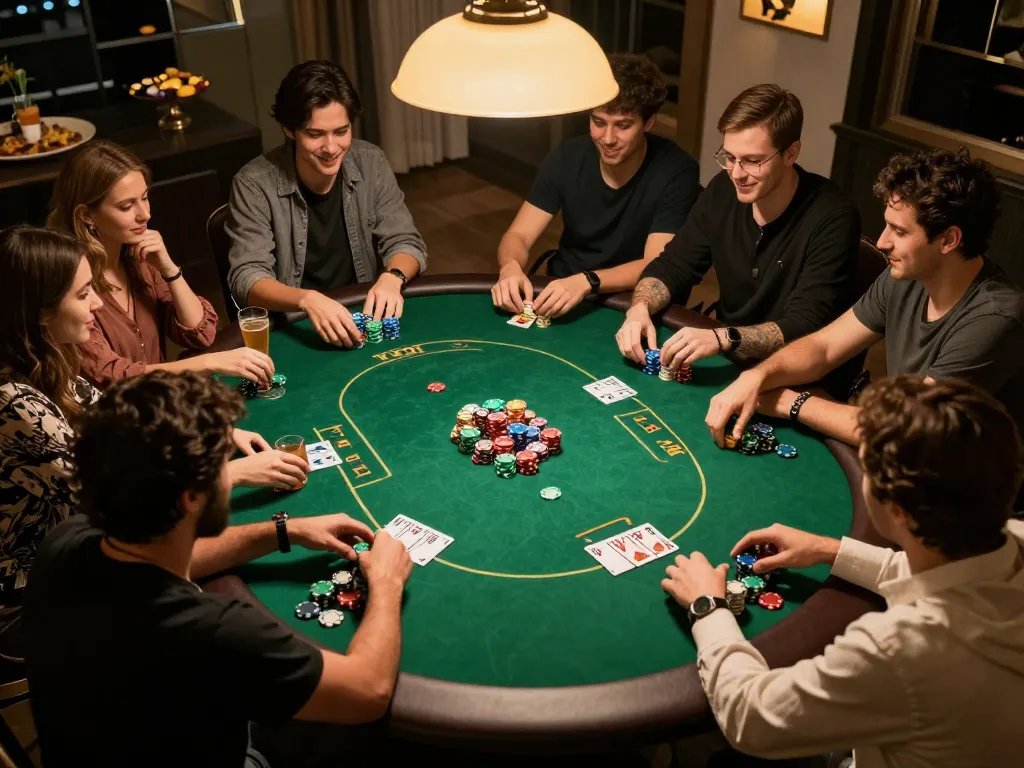 Players strategizing their poker bets during a home game night with 789bet atmosphere