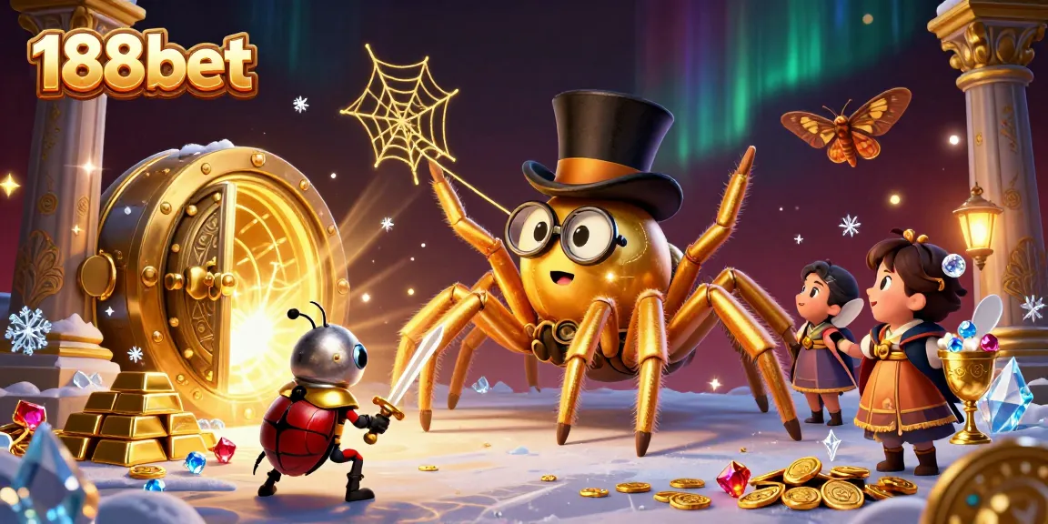 Experience thrilling moments at 188bet with a giant tarantula weaving golden luck in a casino.