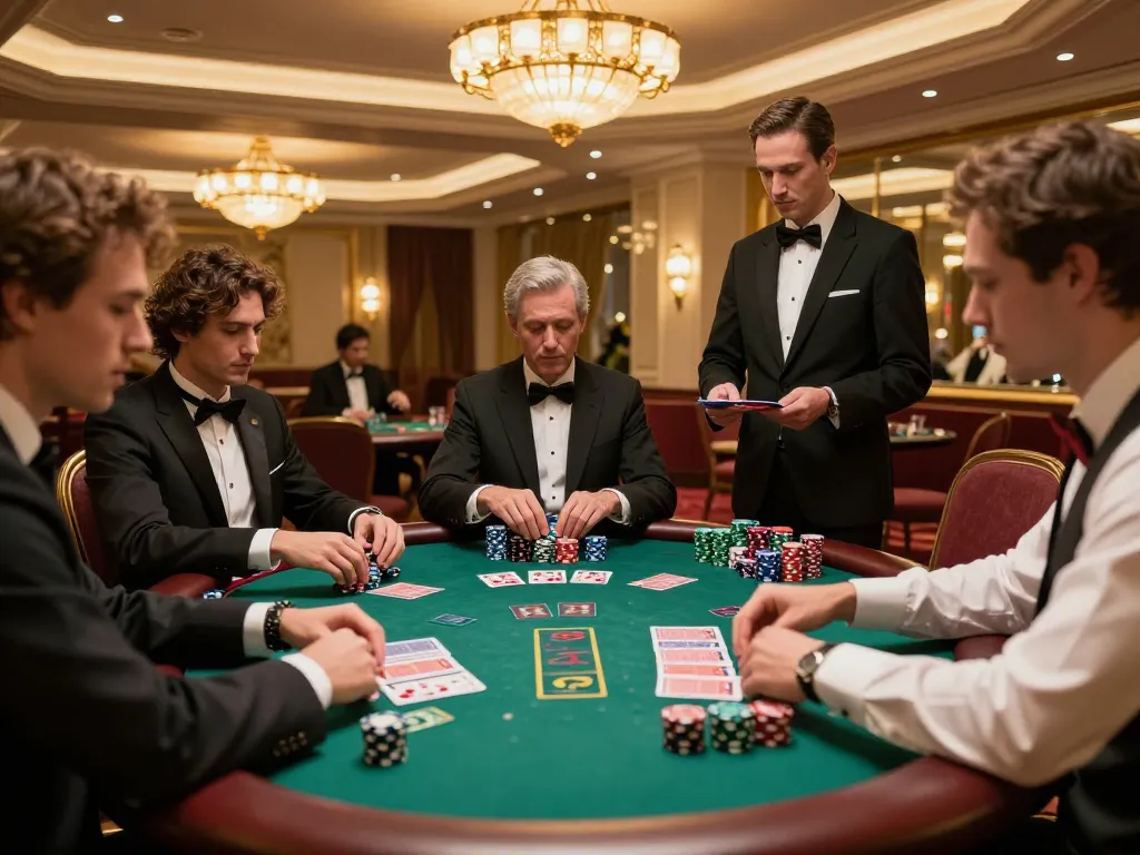 F8BET players strategizing at an upscale blackjack table in luxurious casino setting.