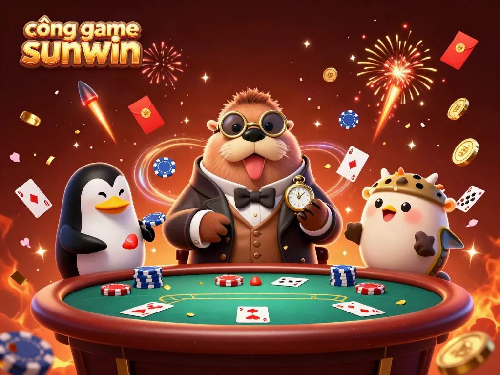 Experience thrilling moments at the cổng game sunwin with a jolly walrus and friends in this vibrant casino scene.