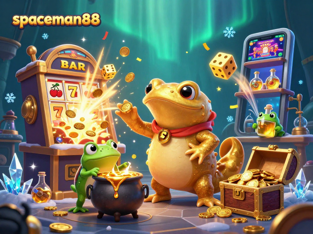 Spaceman88 reveals excitement with slot machines, golden coins, and dynamic magical elements.