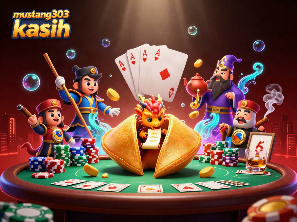 Engage with mustang303 kasih through this vibrant illustration of a casino scene featuring poker elements.
