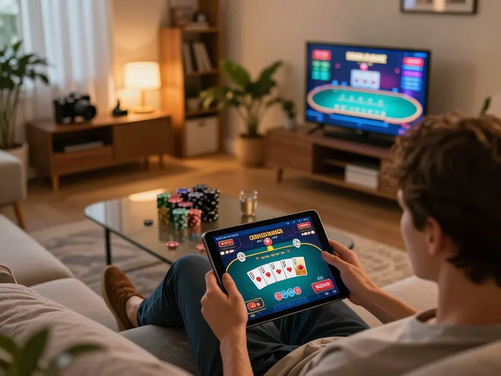 Navigating the nk88 online casino interface while enjoying a cozy home atmosphere