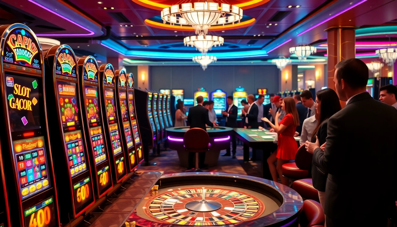 Exciting casino scene showcasing players enjoying slot gacor machines under vibrant lights.