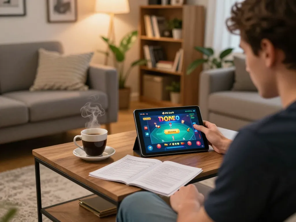 Bermain slot demo PG Soft di tablet dalam suasana rumah yang nyaman, menggambarkan permainan online yang bertanggung jawab