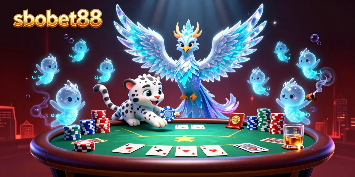 sbobet88 showcases an ice phoenix and snow leopard at an exciting poker table, illustrating casino action.