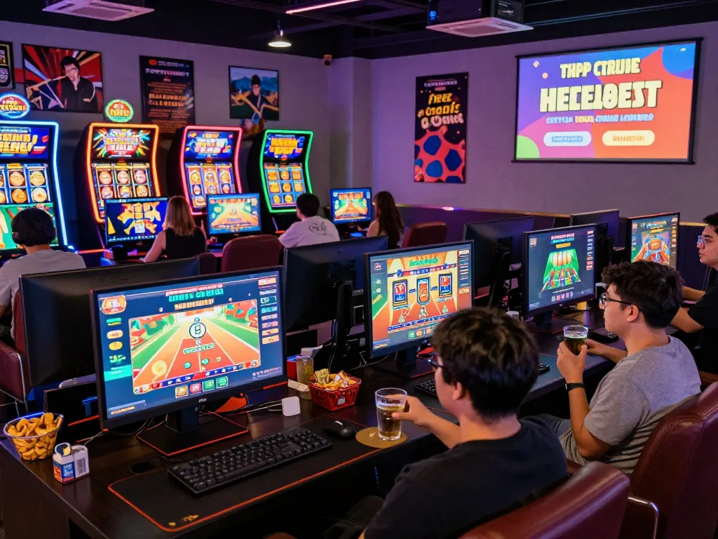 Players enjoying free credit mega888 promotions in a lively gaming lounge, engaging in strategic discussions