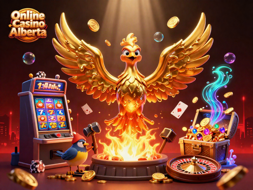 Engage with Online Casino Alberta featuring vibrant slot machines and a dazzling golden phoenix illustration.