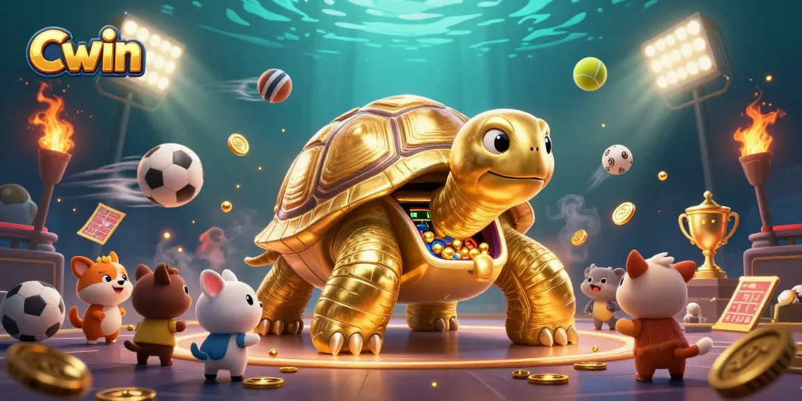 Cwin casino scene with a golden tortoise pinball machine and sports elements in action