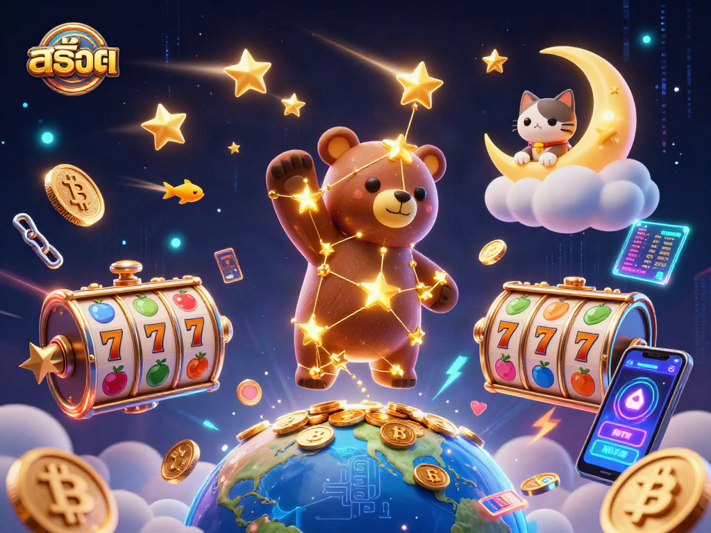 Spin to win with สล็อต in a vibrant 3D casino illustration full of slot symbols and cryptocurrencies.
