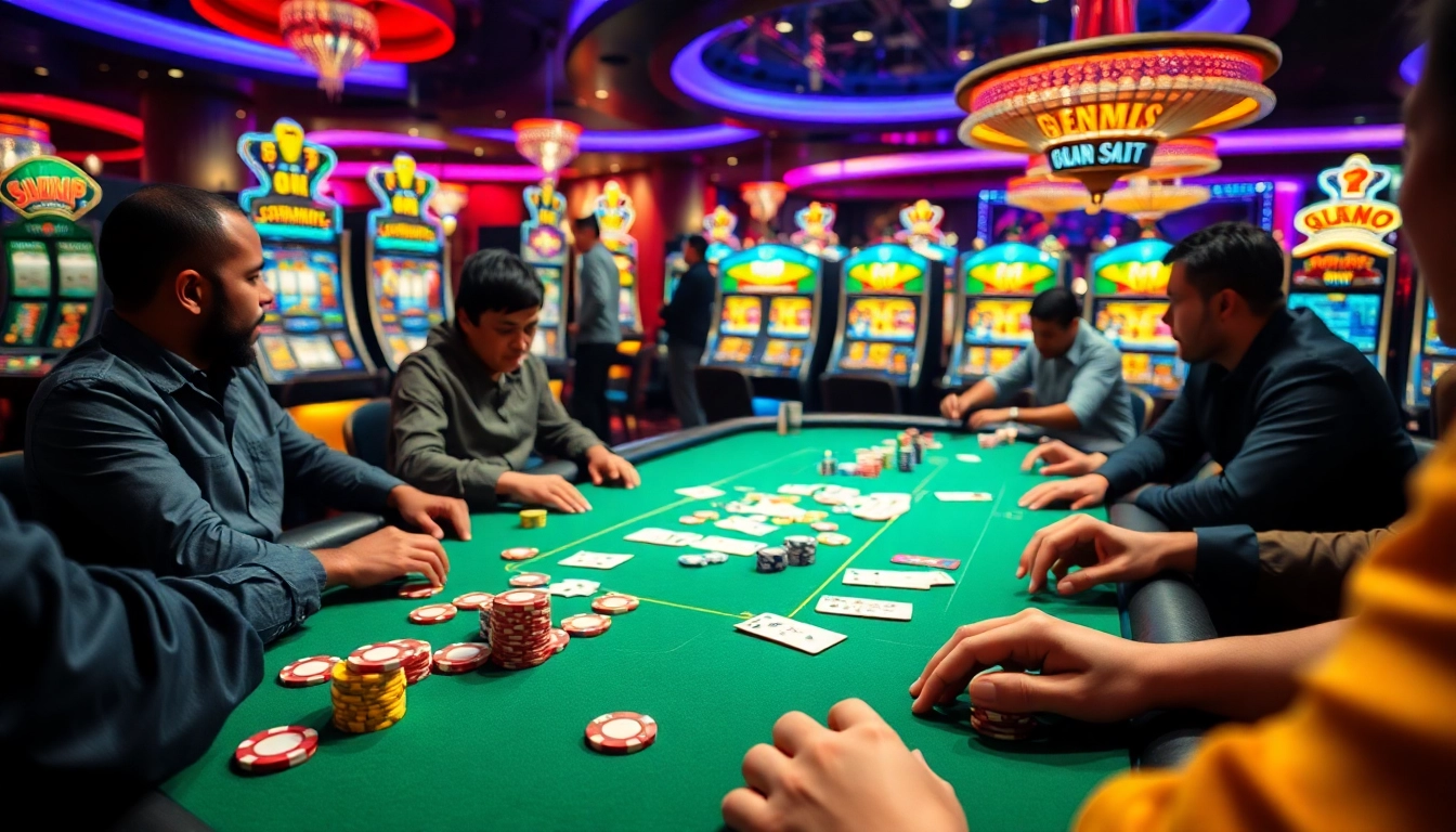 Berbagai pemain di meja poker dengan permainan bbni4d yang intens di kasino.