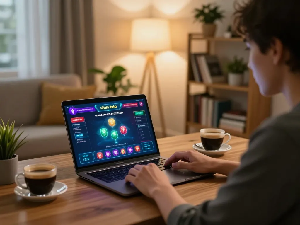 Adegan permainan situs toto online, menunjukkan seorang pemain yang fokus menggunakan laptop untuk terlibat dalam perjudian strategis.