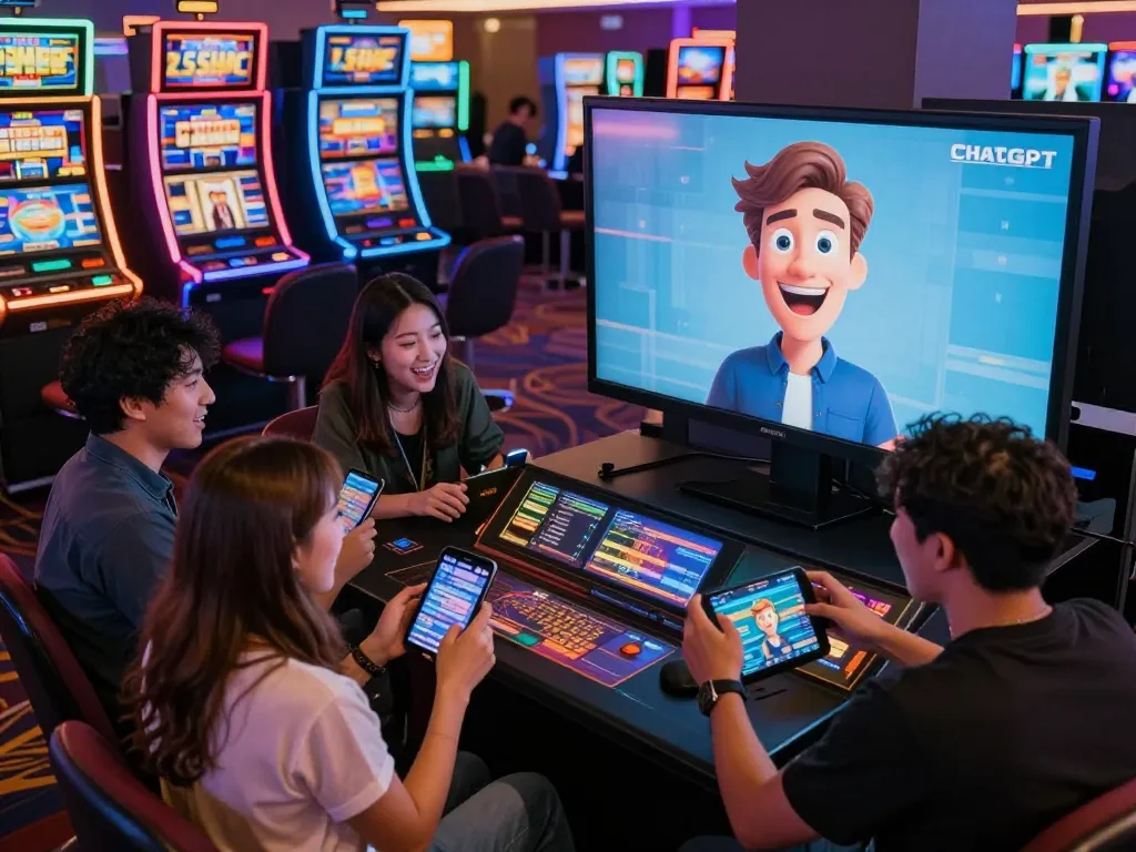 Creating a caricature ChatGPT at a lively casino gaming event with friends excitedly participating.