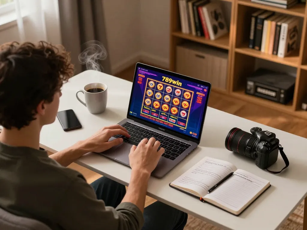 Player engaging with 789win's online casino on laptop at home, showcasing strategic gameplay.