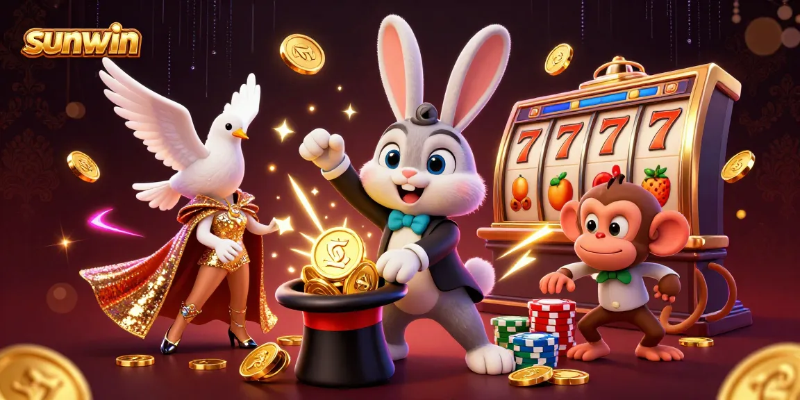 Engage with captivating Sunwin casino entertainment featuring a 3D magician rabbit and glamorous characters.