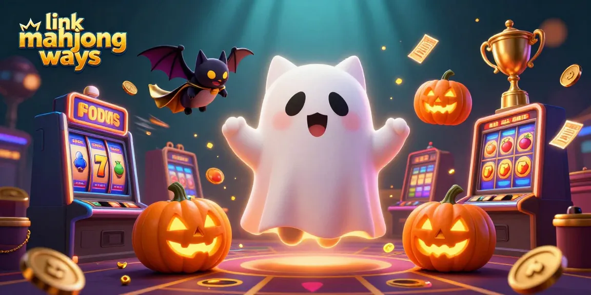 Experience the excitement with link mahjong ways in this dynamic casino scene featuring colorful slot machines and ghostly characters.