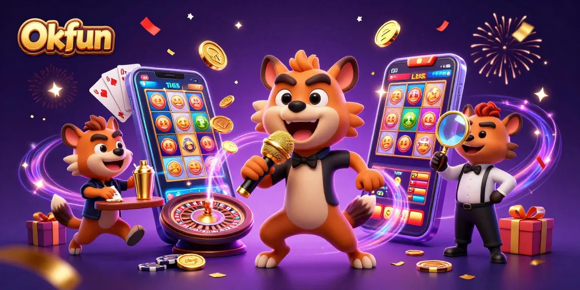 Engage with thrilling gaming at Okfun's vibrant casino club with fun characters!