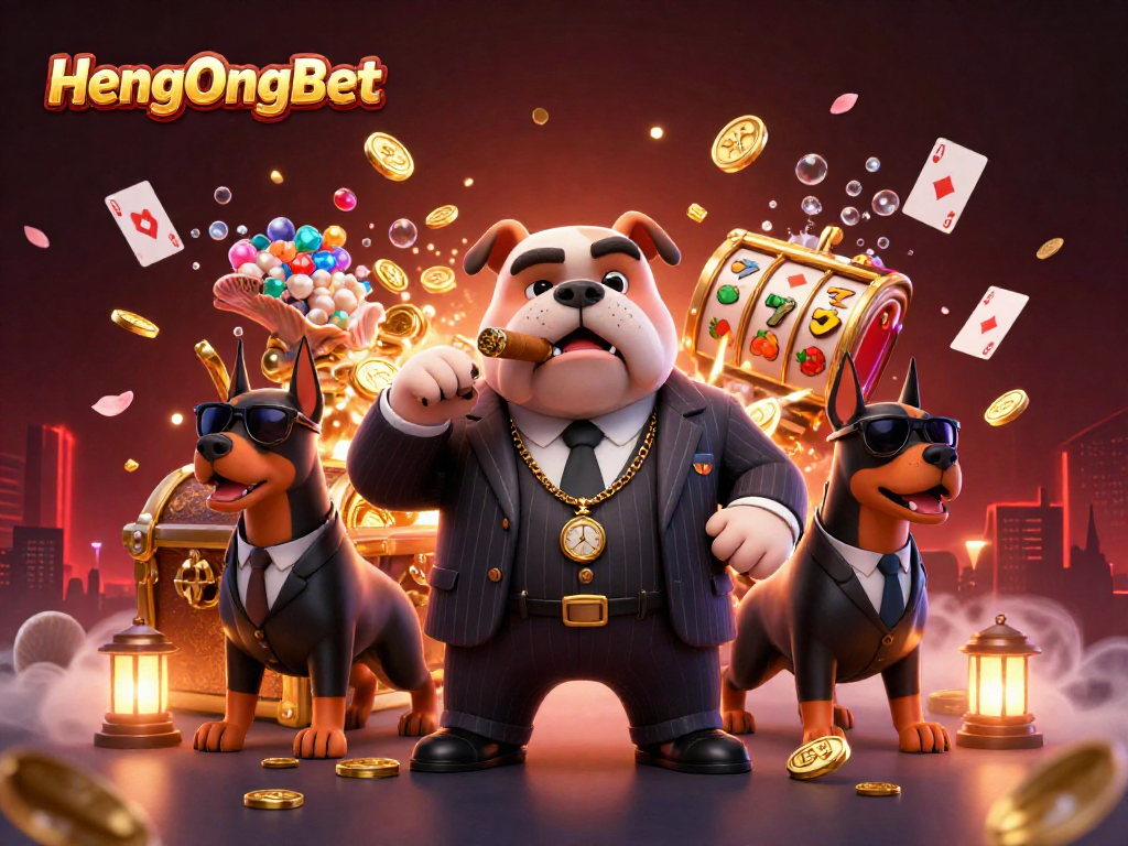 Experience the excitement of HengOngBet with a vibrant 3D casino scene featuring a mafia boss bulldog and treasure-filled underwater elements.