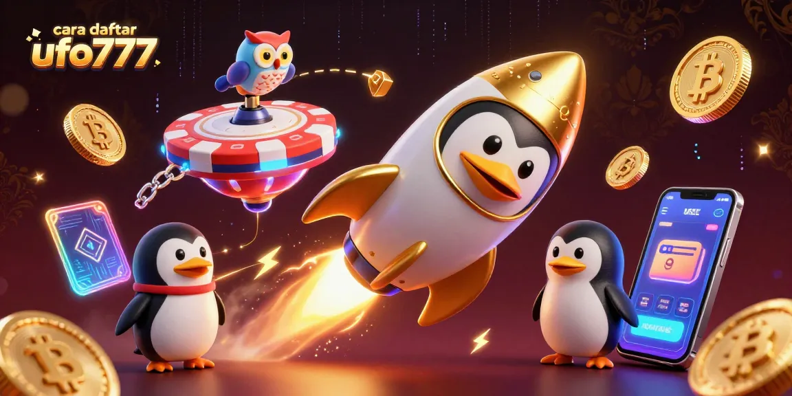 Engage in cara daftar ufo777 with the energetic penguin racing towards a colorful casino in space.