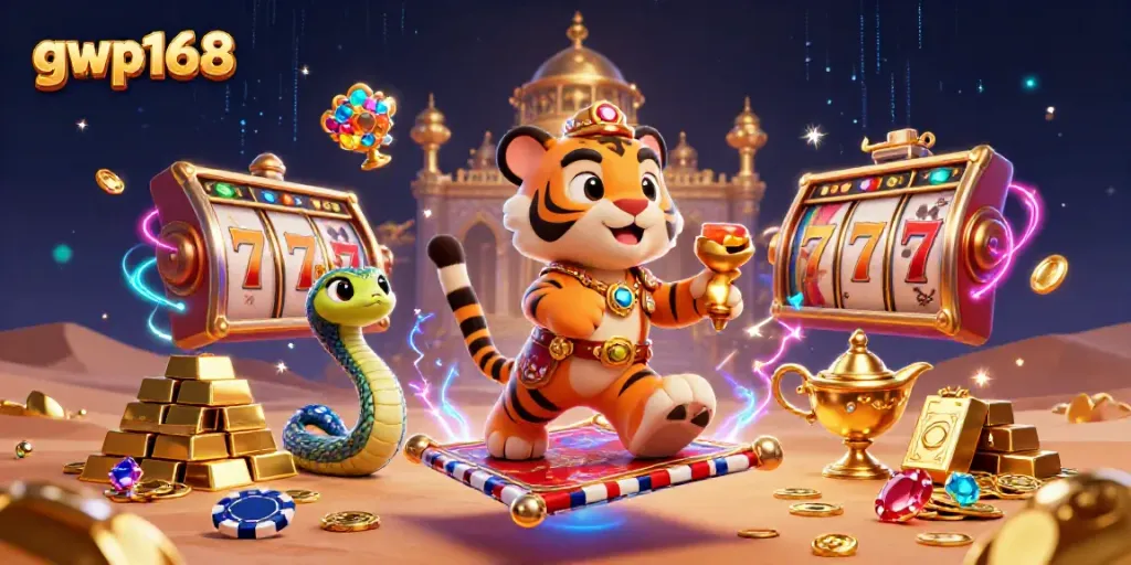 Permainan slot gacor tombak GWP168 dikelilingi oleh tumpukan emas dan batu permata berkilau.