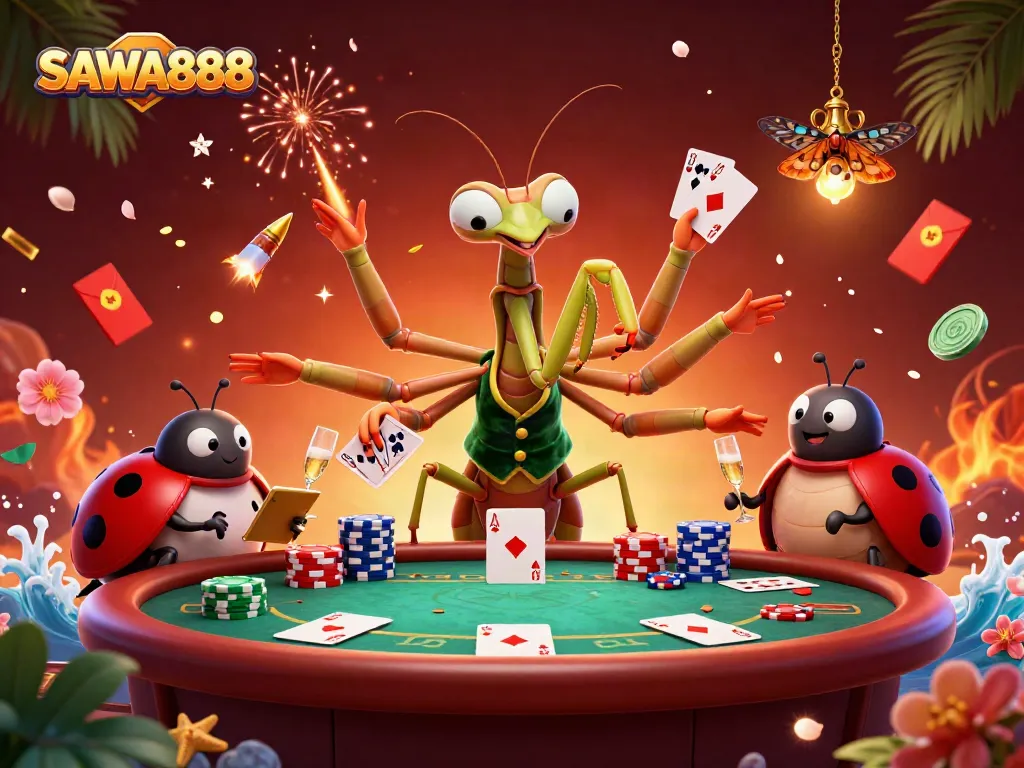SAWA888 showcases an exhilarating casino scene with dynamic characters and vibrant gambling elements.
