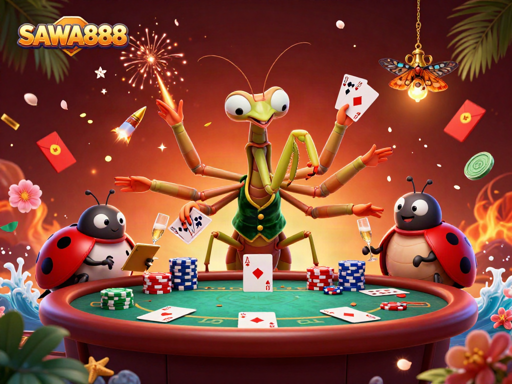 SAWA888 showcases an exhilarating casino scene with dynamic characters and vibrant gambling elements.