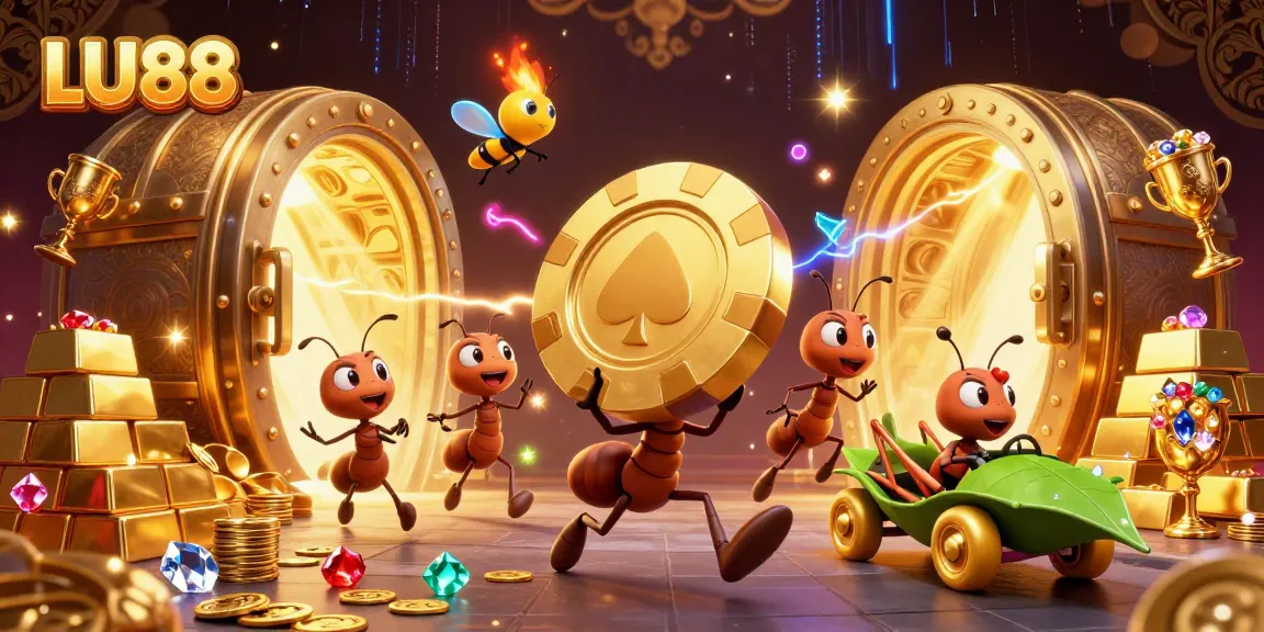 LU88 ants running a heist with giant chip amid treasure, showcasing online casino excitement.