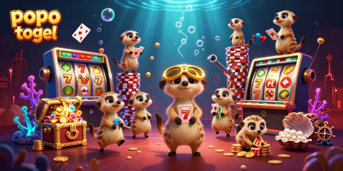Engage with popo togel in a vibrant 3D illustration of meerkats expertly managing a lively casino scene.