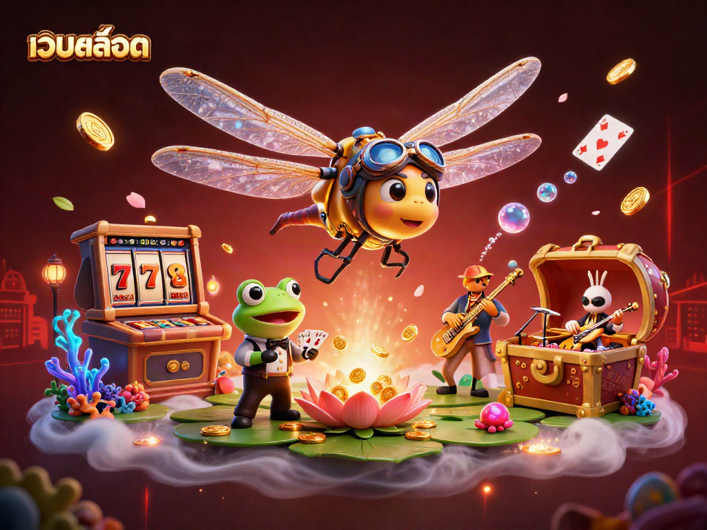 Engage in thrilling เว็บสล็อต gameplay with a vibrant scene featuring a dragonfly pilot and frog croupier.