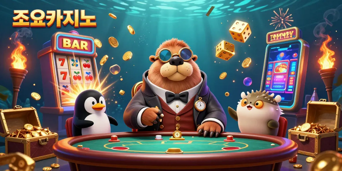Win big with 조이카지노 in this vibrant underwater poker scene featuring a walrus and a penguin dealer.