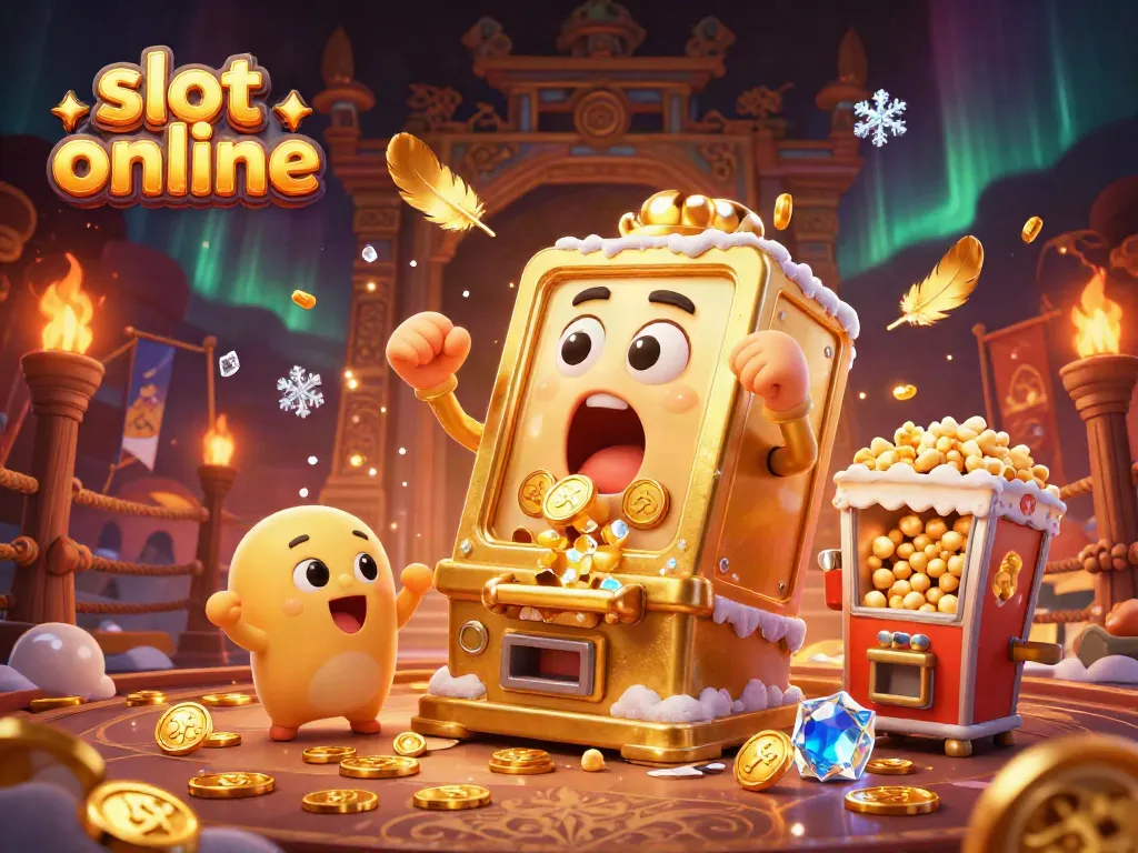 Cheerful slot online machine celebrating a jackpot with golden coins spiraling around.