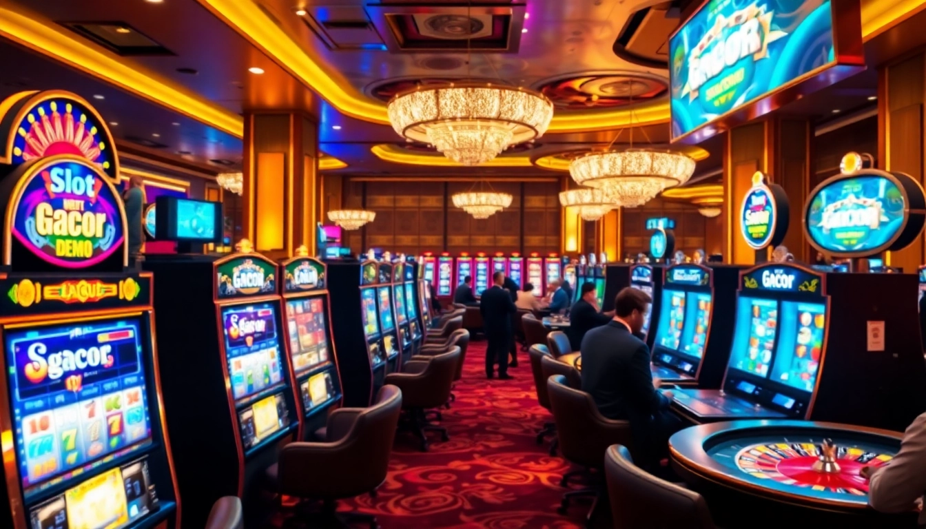 Experience the thrill of playing slot gacor demo with vibrant machines and excited players in a luxurious casino atmosphere.