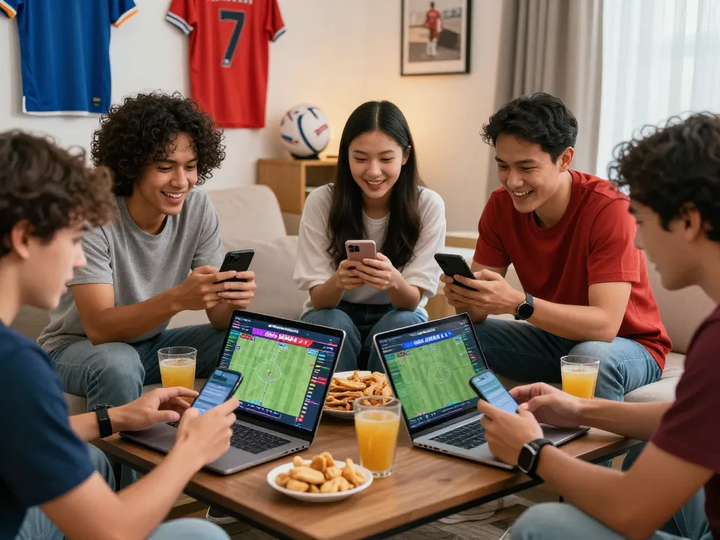 Teman-teman yang terlibat mendiskusikan agen judi bola saat acara olahraga dengan smartphone dan laptop.