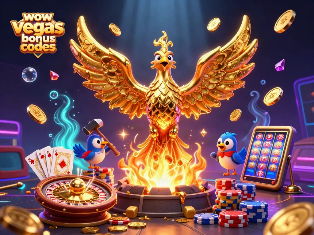 Win big with WOW Vegas Bonus Codes featuring golden coins and exciting game elements.