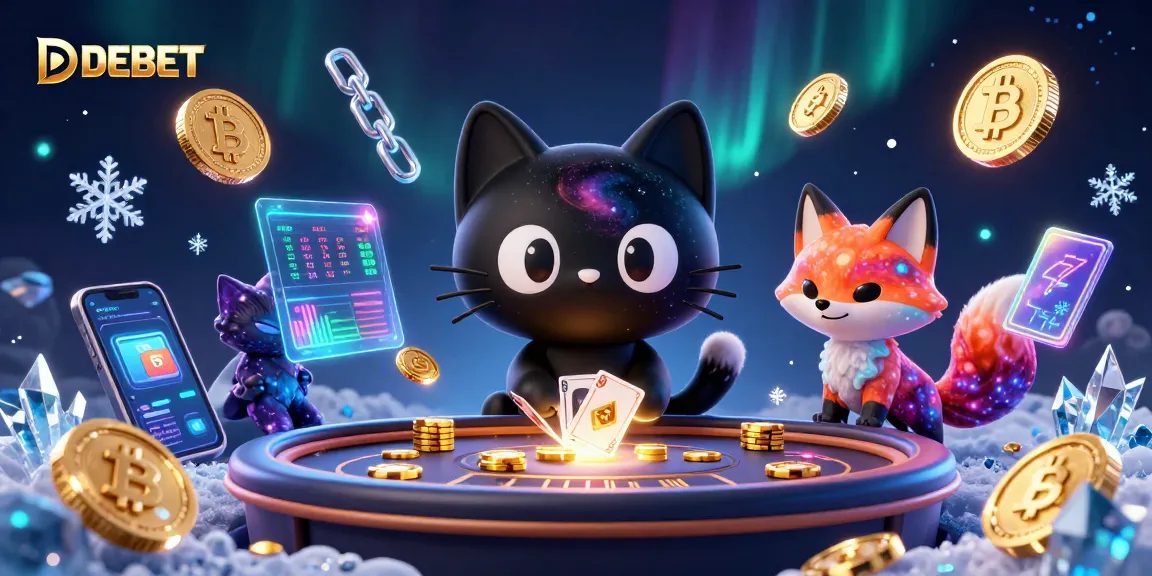 Engage with DEBET at a cosmic casino table, as a black hole cat and nebula fox draw in golden chips and cards.