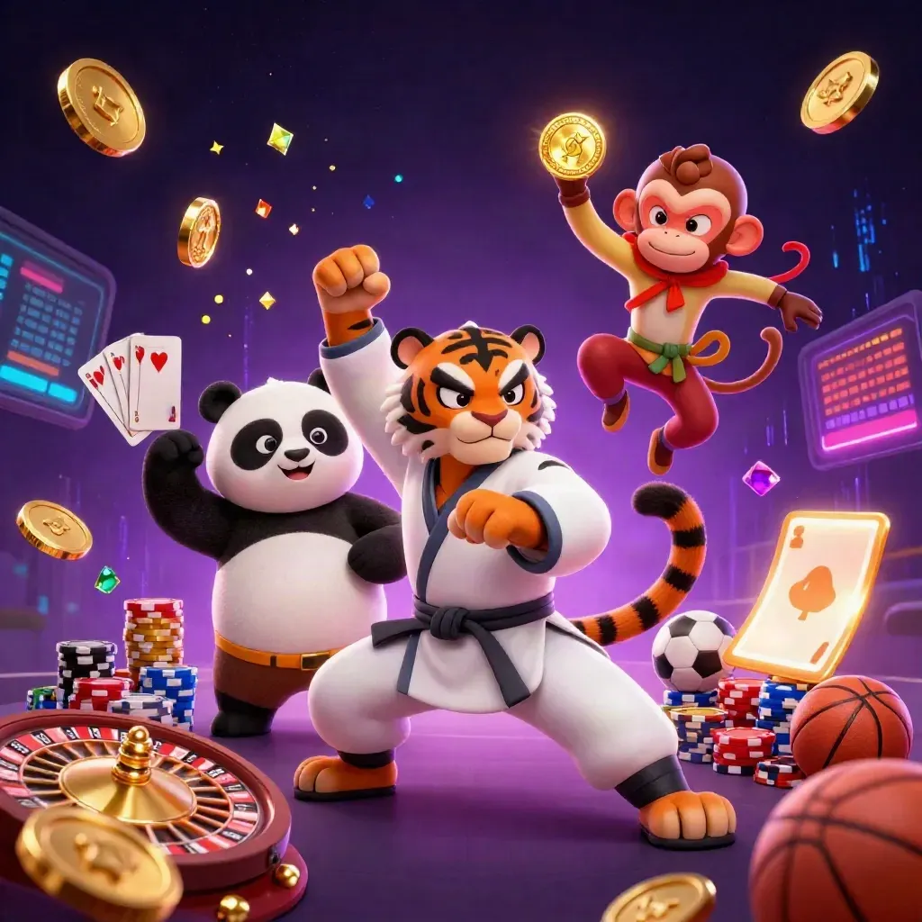 Kung-fu tiger, panda, and monkey amid casino treasures, neon bolts, and spinning gaming symbols