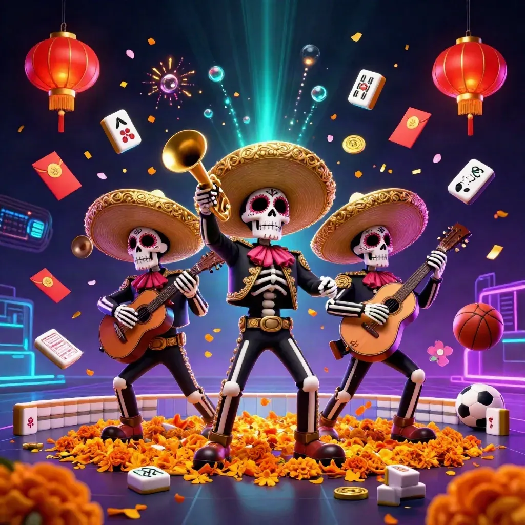 Skeleton mariachi trio amid flying sports balls, coins, lanterns and neon casino glow.