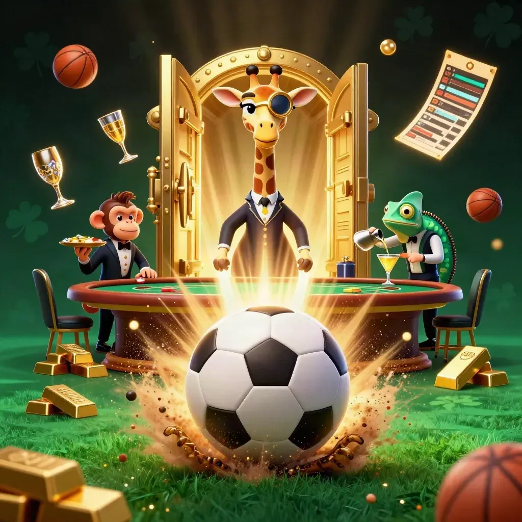 Mascot animals around a football blast, gold vault, chips, and neon casino lights.