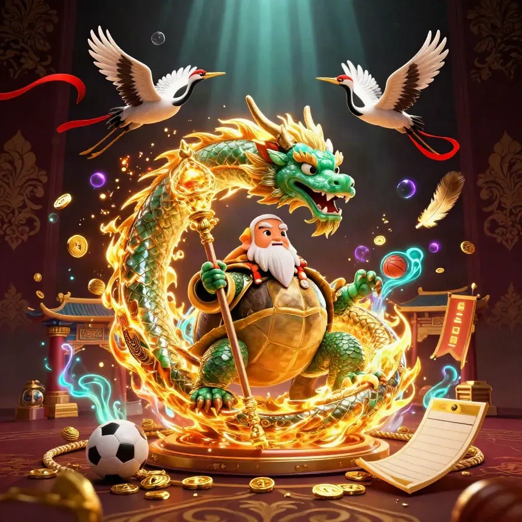 Jade dragon, turtle sage, and cranes amid gold fire, casino relics, and neon god-rays