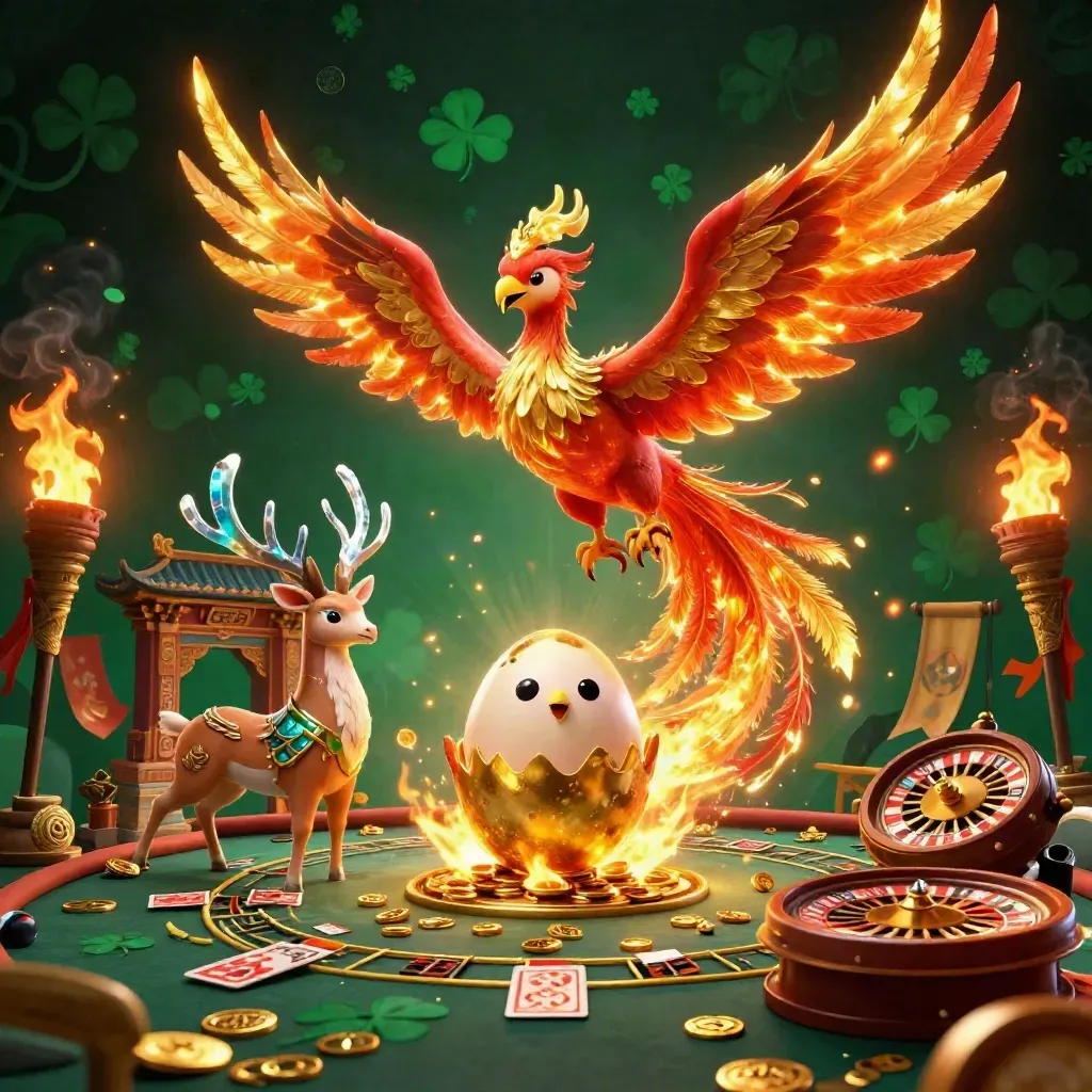 Fire phoenix, baby phoenix, and crystal-antler stag amid casino relics and torchlight.