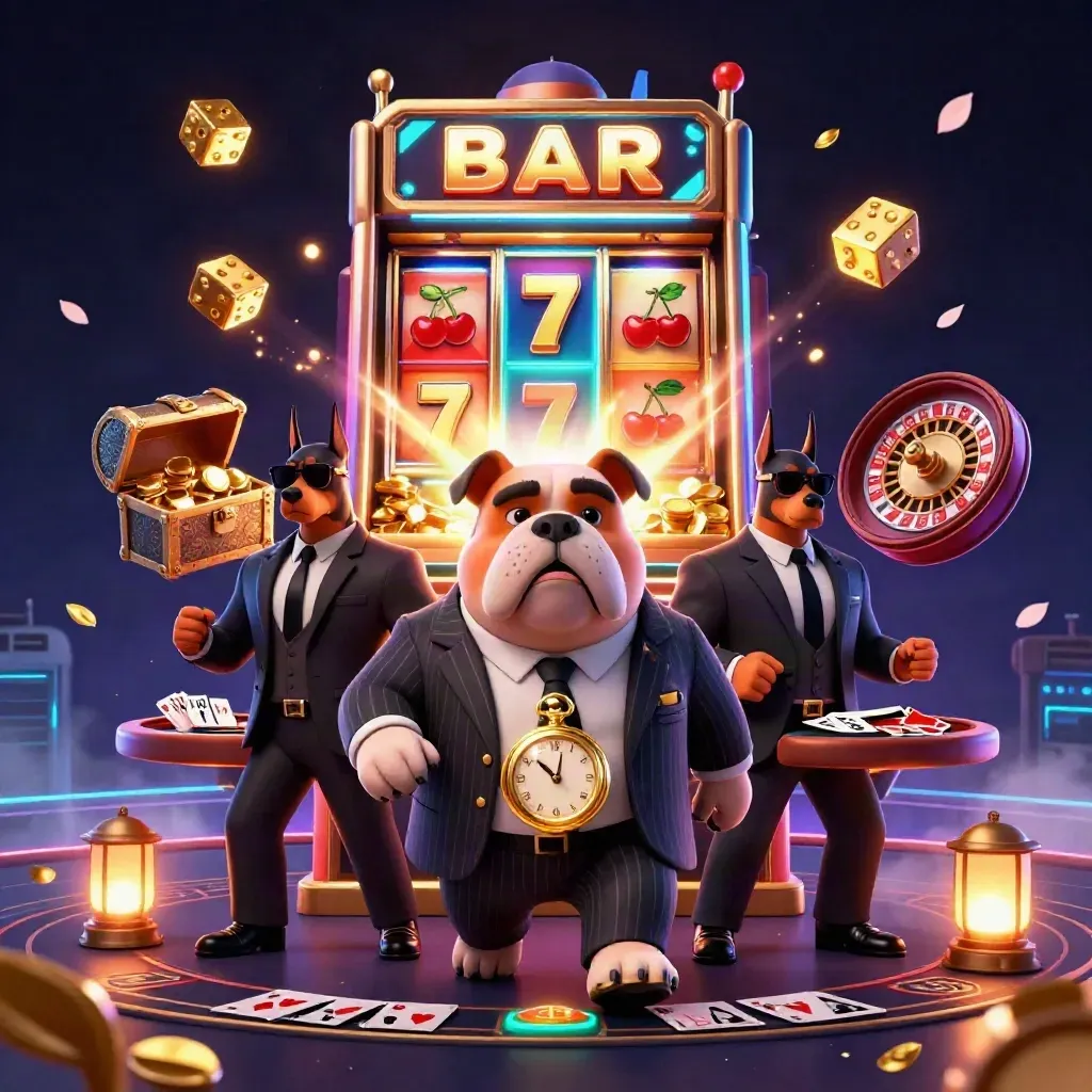 Bulldog mob boss with Dobermans amid neon casino jackpots and gold
