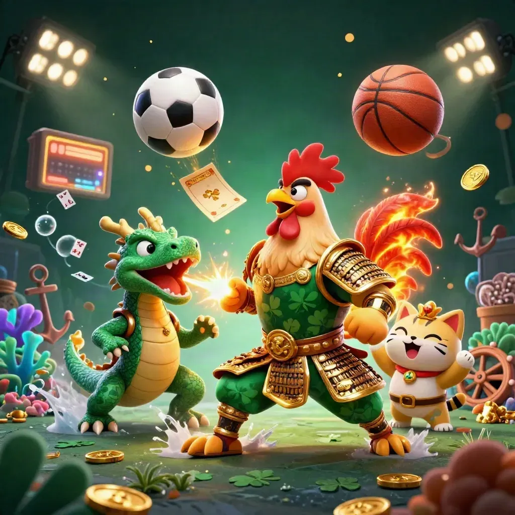 Ground-level casino sports key art: rooster warrior, dragon hatchling, fortune cat, balls, coins, and neon light