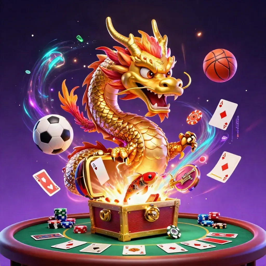 Dragon, phoenix, koi, chips, cards, balls, and neon magic erupt from a treasure chest.